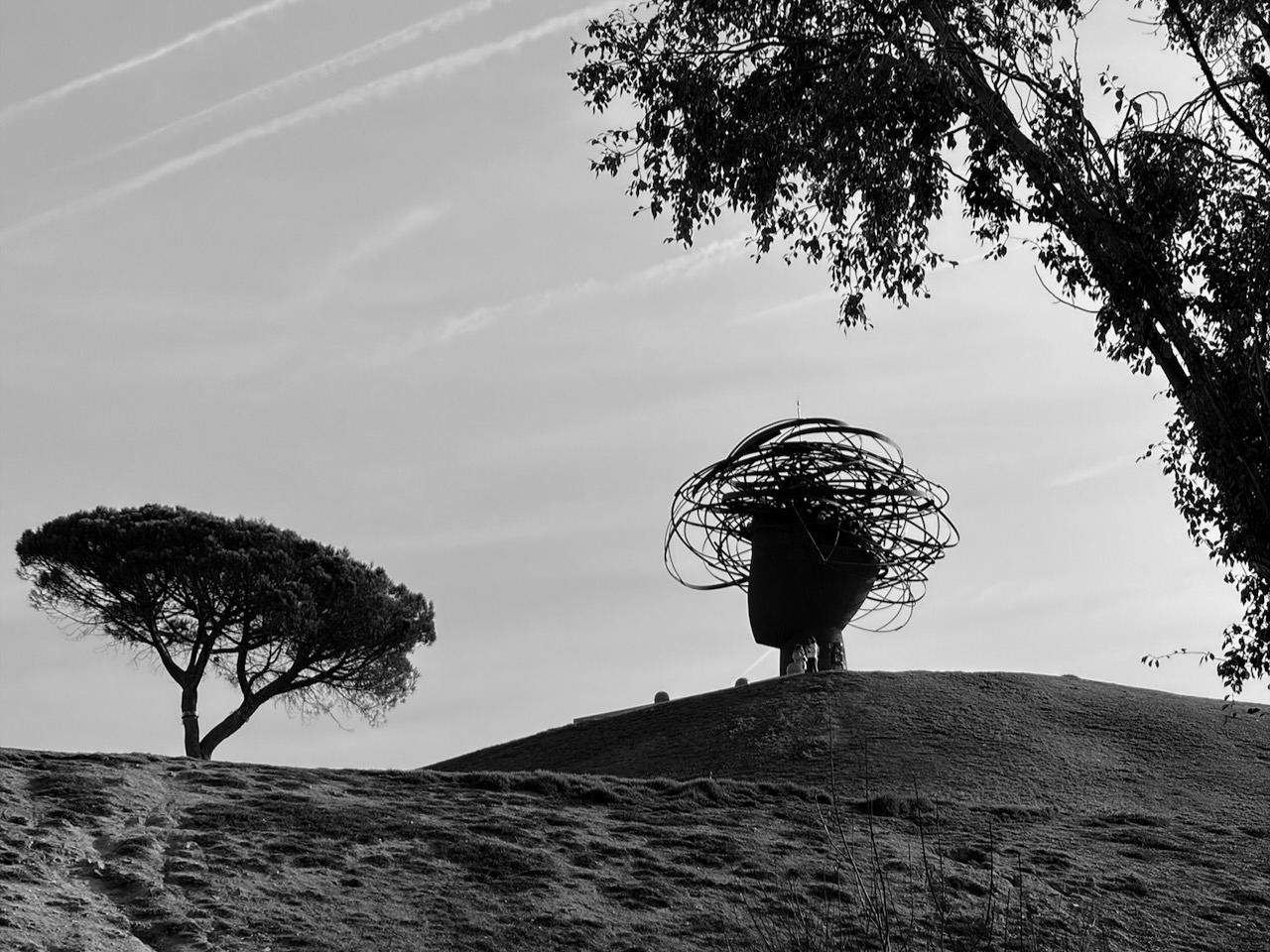 Two abstract sculptures on a hill under a cloudy sky, surrounded by trees.